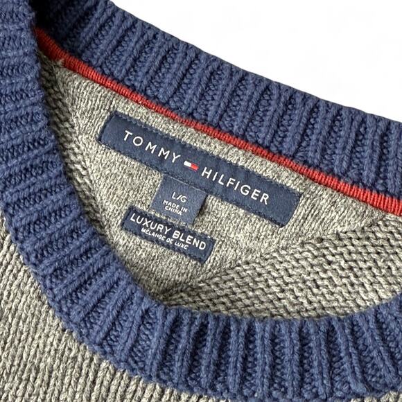 Tommy Hilfiger Crewneck Sweater Mens Large Flag Logo Preppy 90s Y2K Wool Gray L - Picture 3 of 8